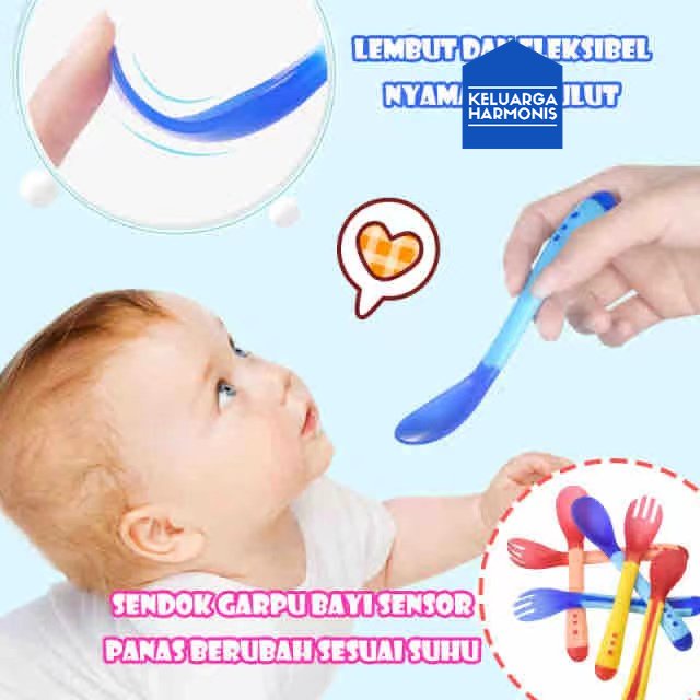 Sendok makan bayi silikon Lembut / Sendok dan Garpu Pengubah Suhu Bayi Silikon Lembut