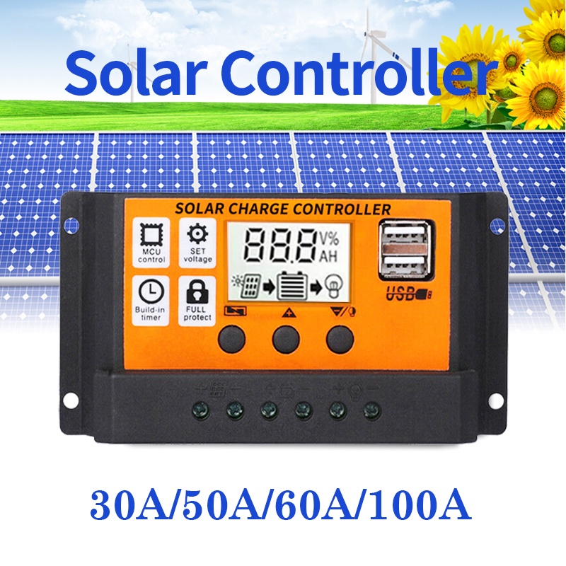 Solar Charger Controller 12V/24V Auto PWM Controllers LCD Display Dual USB Output