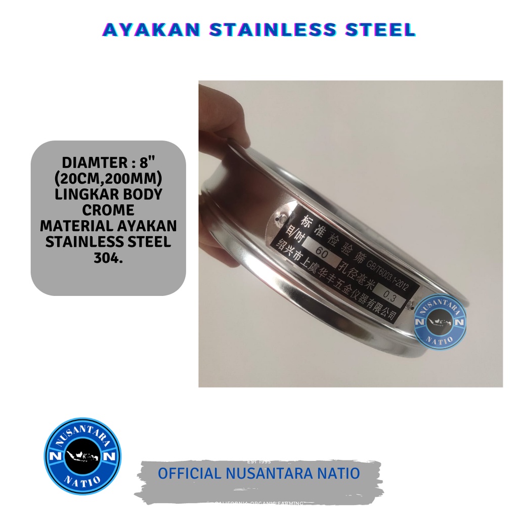 Ayakan Stainless Steel 60 Mesh Sieve Diamter : 8" Atau 20cm