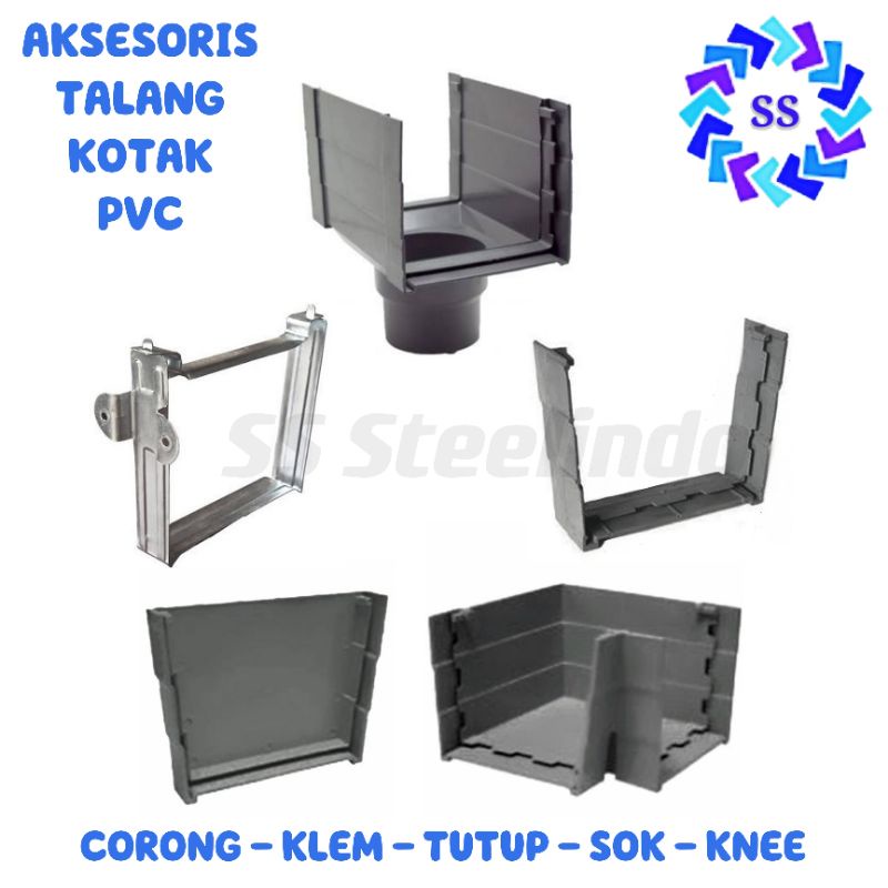 PERLENGKAPAN-AKSESORIS TALANG AIR PVC KOTAK (CORONG - KLEM - KNEE L - DOP - SOK) 4 INCH (ABU-ABU)