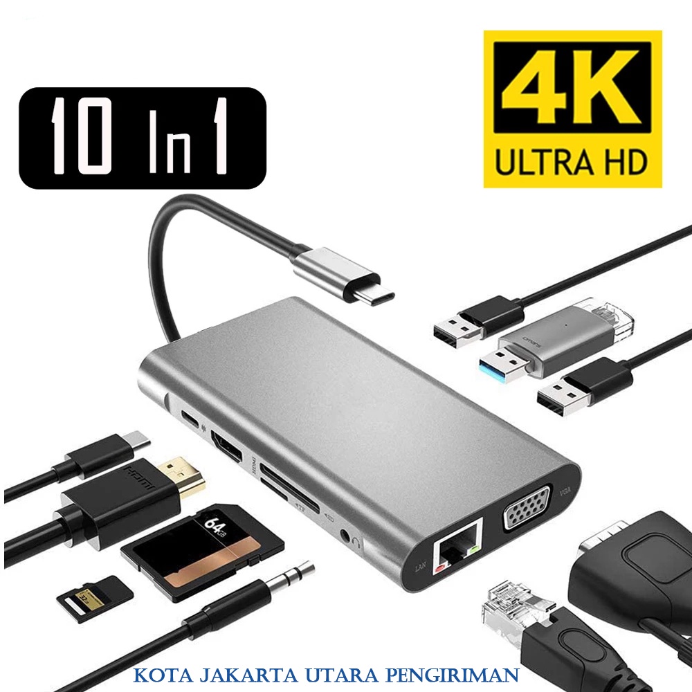 [Ready stock] 10 in 1 Adapter Usb Hub Tipe-C Ke Hdmi 4k Vga Rj45 Lan Ethernet Sd Tf Jack Audio Video Untuk Pro Otg