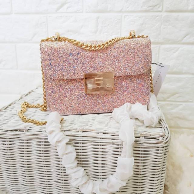 TAS CHARLES & KEITH GLITTER PUSHLOCK CROSSBODY BAG