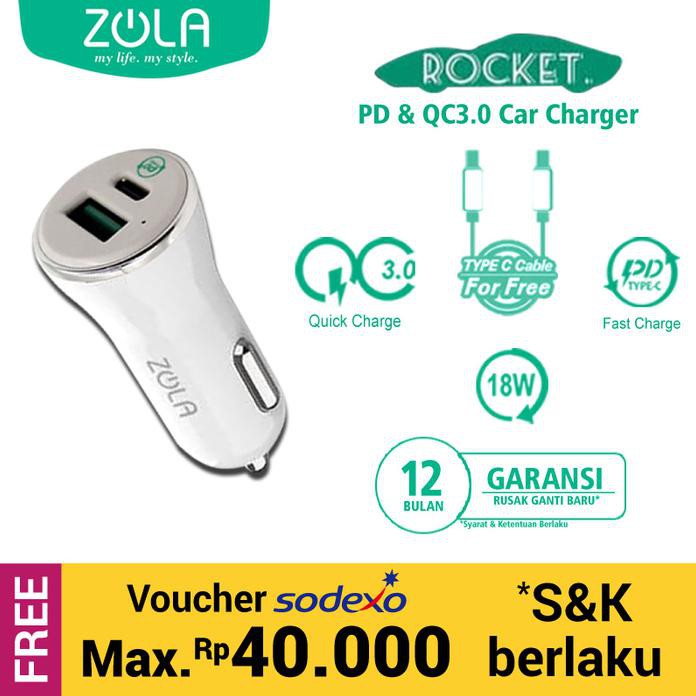 ZOLA Rocket Car Charger Power Delivery 18W & Qualcomm Quick Charge 3.0 - Putih