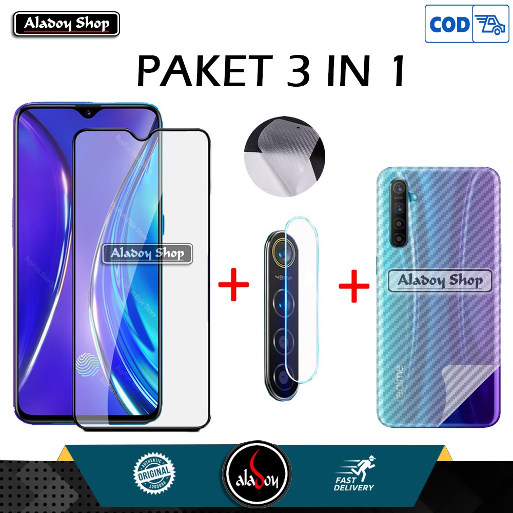 PROMO 3 IN 1 PAKET Tempered Glass REALME XT + Tempered Glass Camera Lens + Garskin Carbon