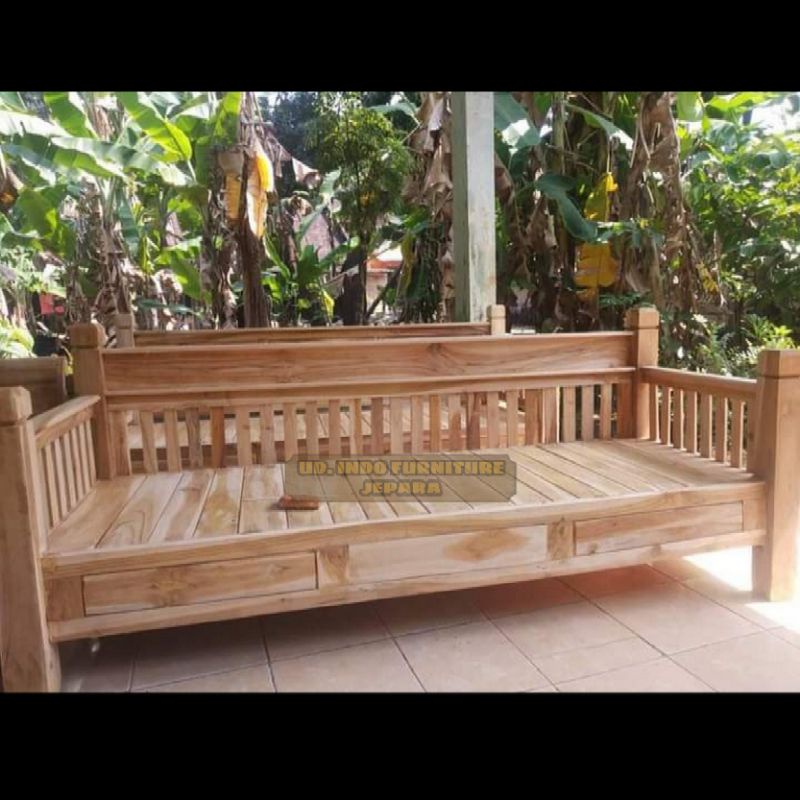 Bale bale kursi risban ruang tamu panjang kayu jati model polos laci 2