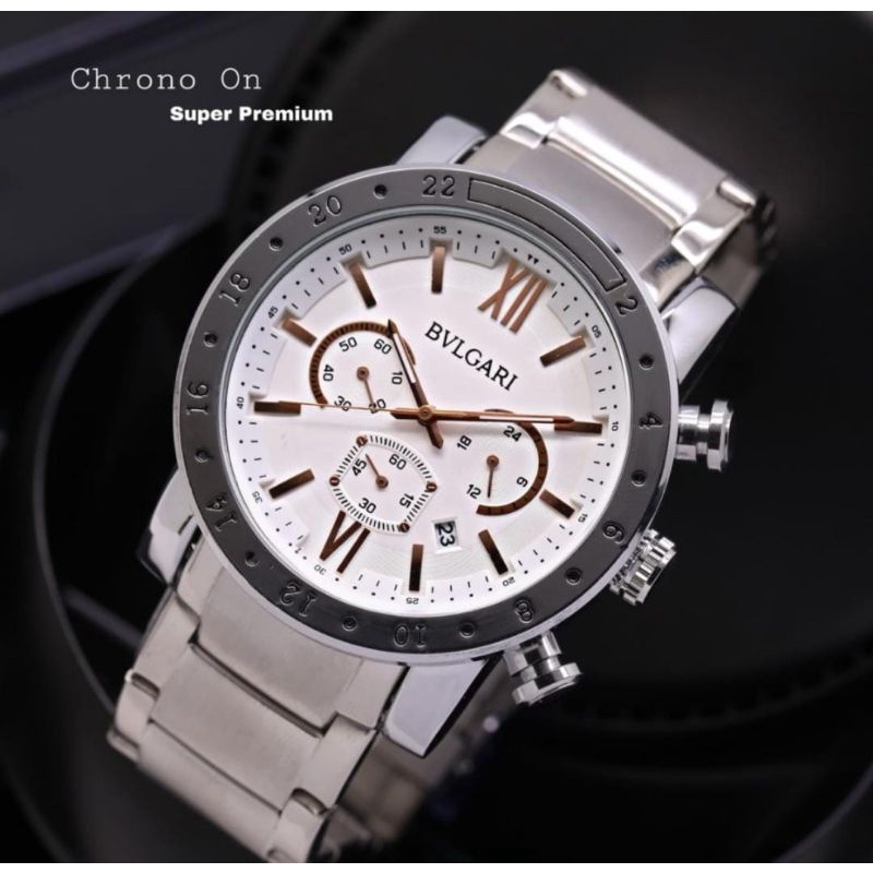 PREMIUM !! Jam tangan pria Stainless Chrono aktif - Rantai padat - Tanggal aktif ( bisa COD )