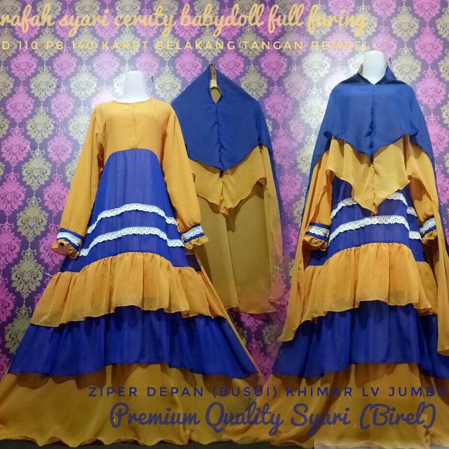 Set Gamis Full Cerutty Baby Doll Renda Susun Jumbo Menyusui Syari Khimar Lv Syari Penguin
