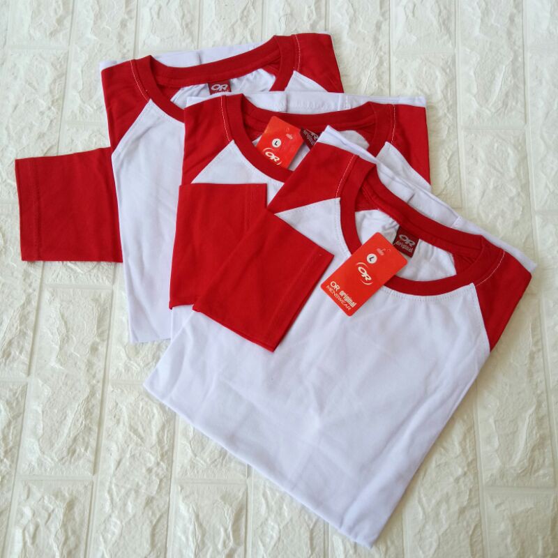 kaos polos reglan PUTIH-MERAH panjang dewasa uk M L XL XXL