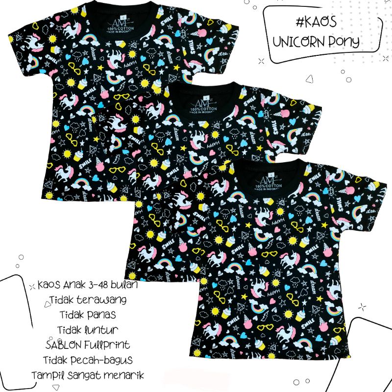 BAJU KAOS UNICORN RAINBOW PONY Fullprint 3 bulan s/d 10 tahun Merk AM27