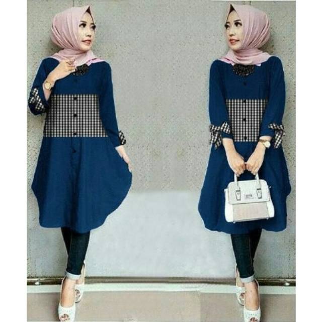Baju Korea Tunik Kotak Ribbon Navy