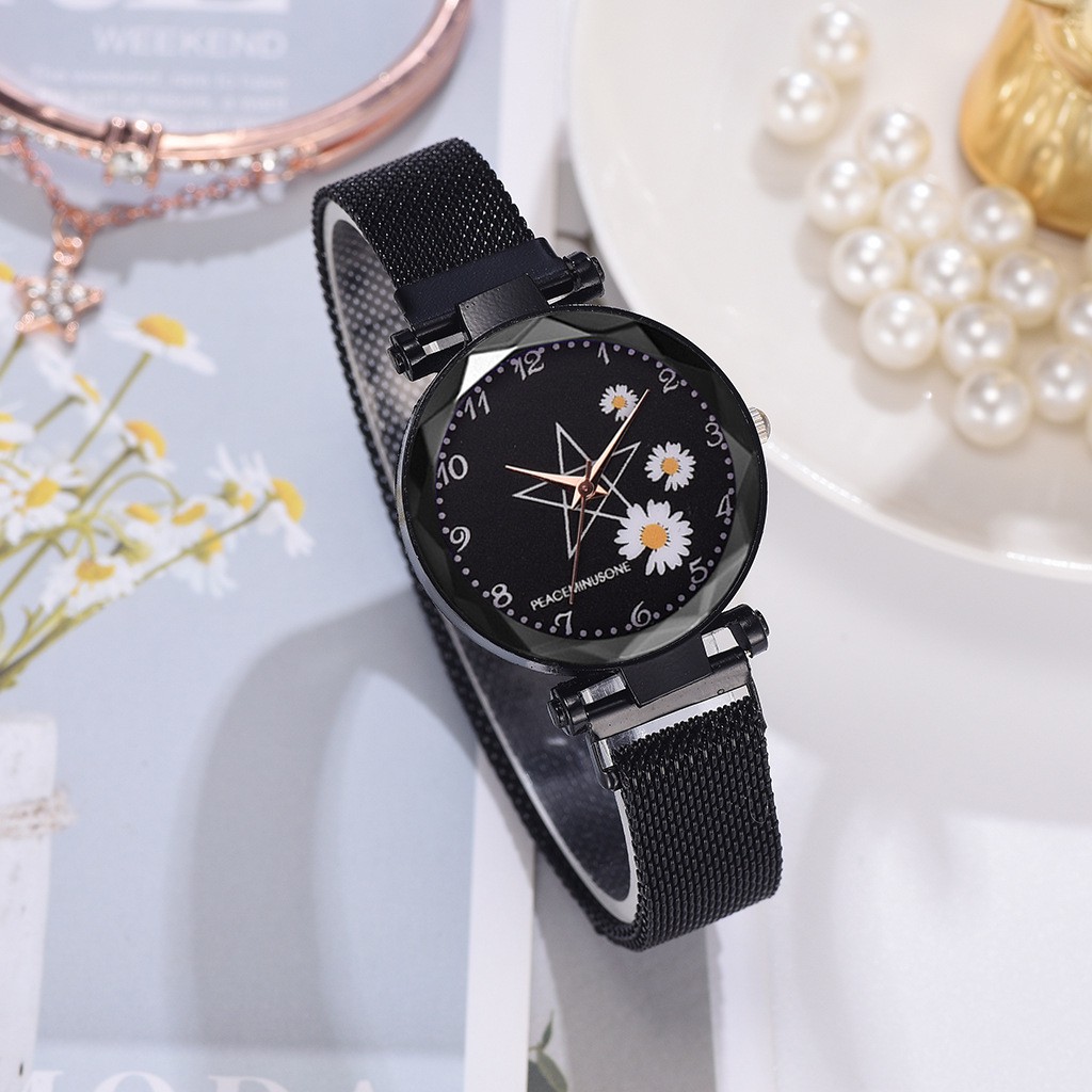 ELBER J174 Jam Tangan Rantai Wanita Jam Analog Motif Bunga Daisy-Hitam