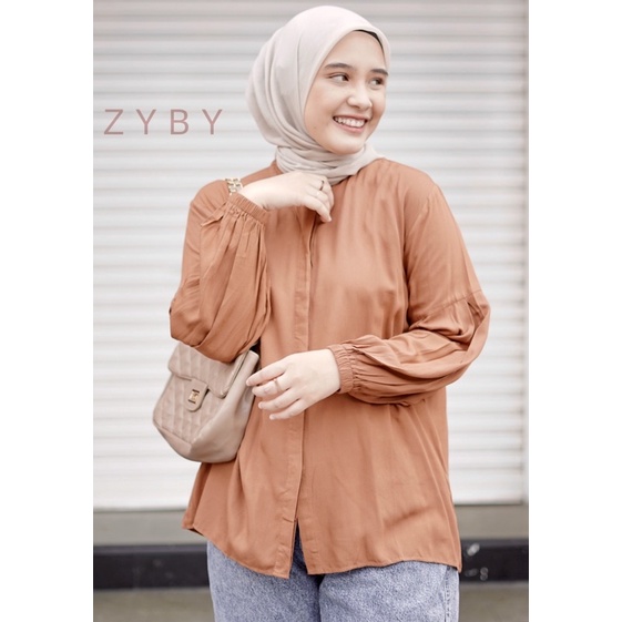 Kemeja Wanita Rayon Polos Lengan Panjang Balon Kerut Casual