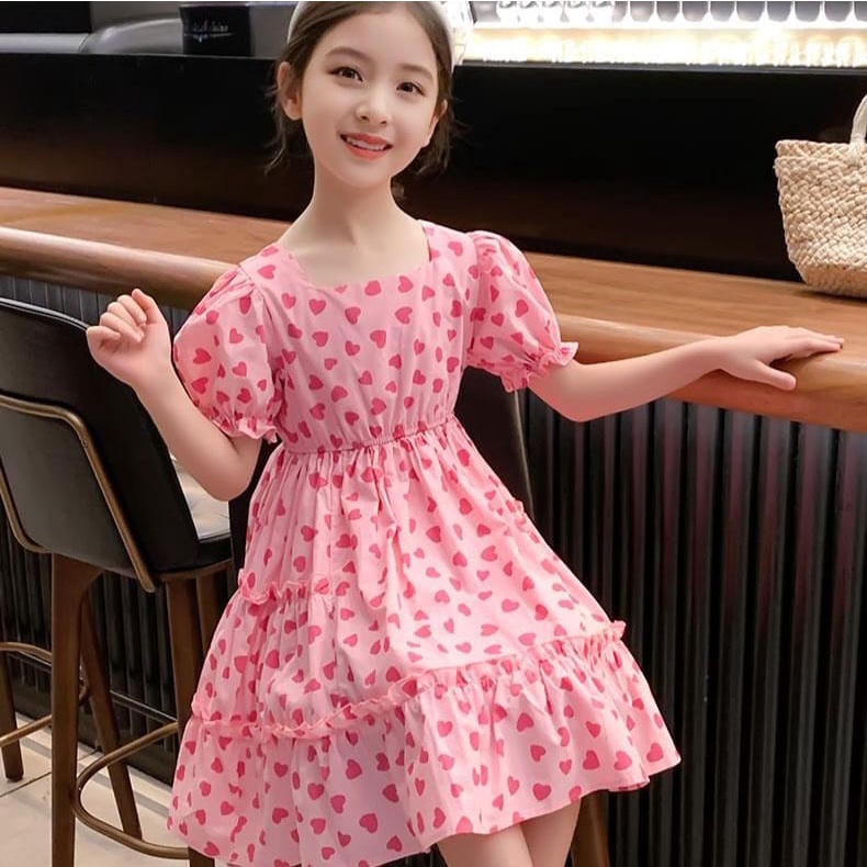 BAJUKIDDIE RIBBON HEART DRESS BAJU CASUAL ANAK CEWEK FASHION KOREA IMPORT KASUAL DAILY SUMMER