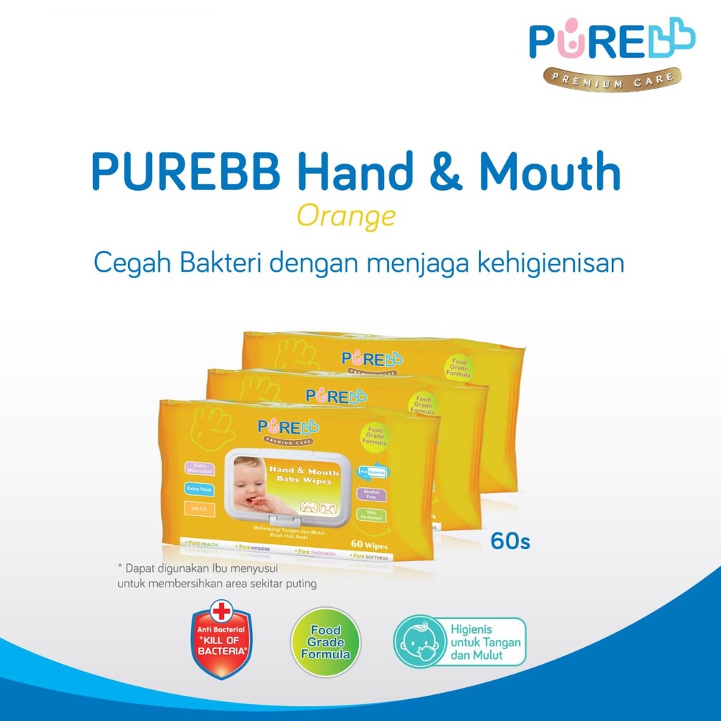 Tisu Basah Tangan Dan Mulut Bayi Pure bb Hand &amp; Mouth Wipes 60's Orange Oil