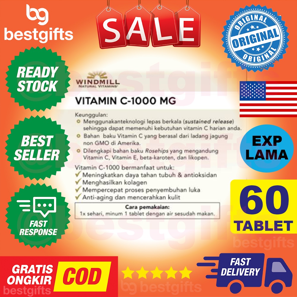 WINDMILL VITAMIN C 1000 MG SUSTAINED RELEASE WITH ROSE HIPS VIT C 1000MG ANTIOKSIDAN DAYA TAHAN TUBUH 60 TABLET