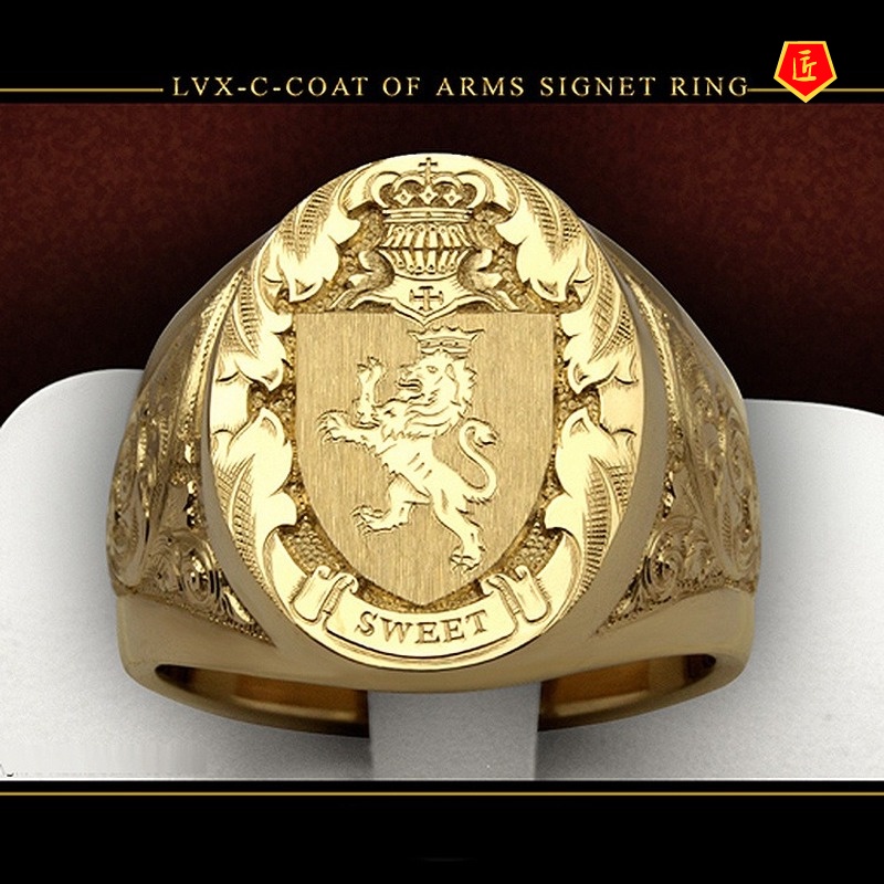 [Ready Stock]Men's 18K Gold Lion Shield Badge Ring