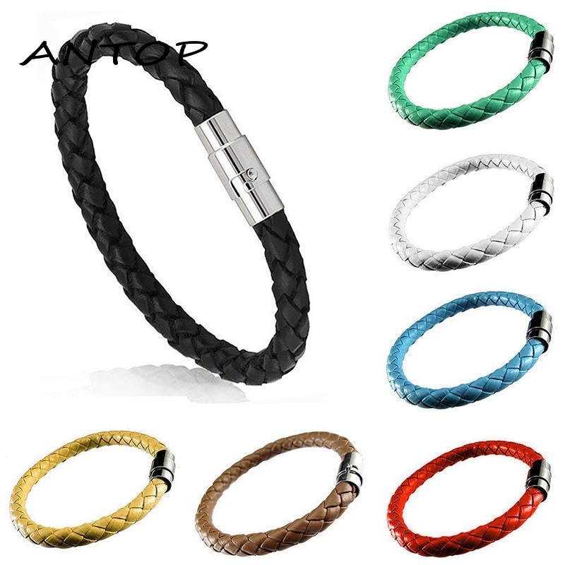 Fashion Tenunan Tali Kulit Gelang Magnetic Buckle Bangle Unisex Perhiasan Pasangan ANTOP