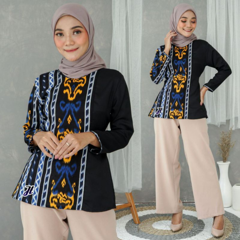 (COD) 2021 Baju Batik Wanita Atasan Blouse Lengan Panjang-SONGKET JT BIRU