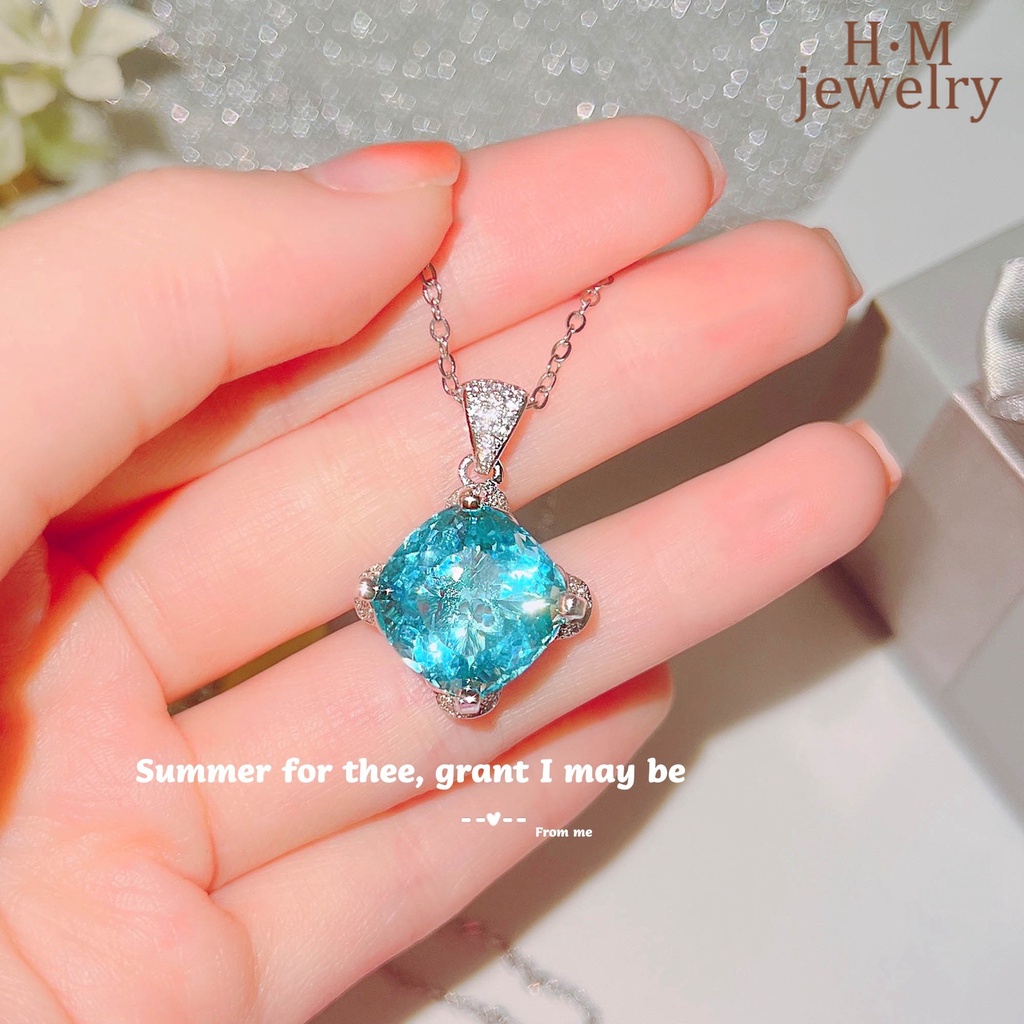 Kalung Rantai Silver S925 Dengan Liontin Batu Topaz Aquamarine Natural Bentuk Kotak Untuk Wanita