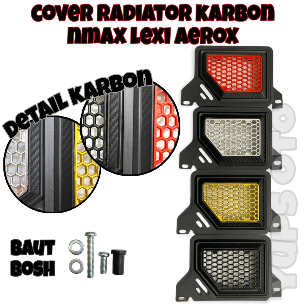 TUTUP RADIATOR NMAX KARBON MERAH COVER RADIATOR AEROX KARBON HITAM COVER TUTUP RADIATOR LEXI KARBON HITAM DAN MERAH CARBON PLUS BAUT BOSH PNP