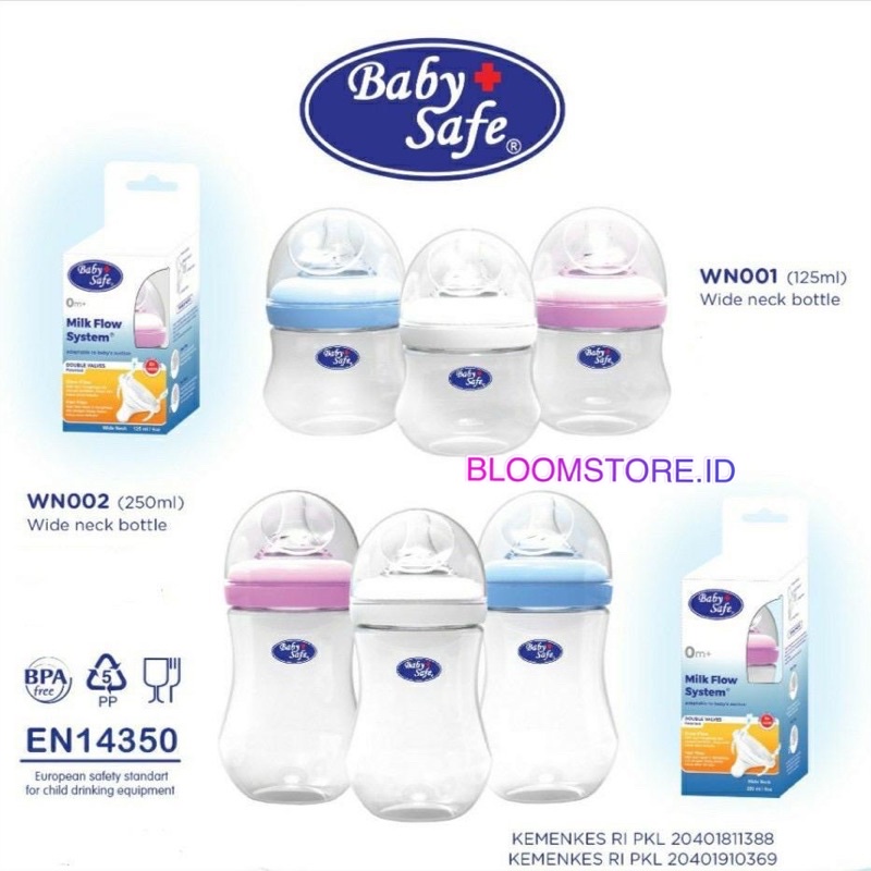 BABY SAFE Wideneck Baby Bottle Botol Susu Bayi Wide Neck Lebar Babysafe WNS01 WNS02 WN001 WN002 WNS WN 001 002 250ml 125ml 125 250 ml Dot Nipple Ukuran Size L XL Murah Promo