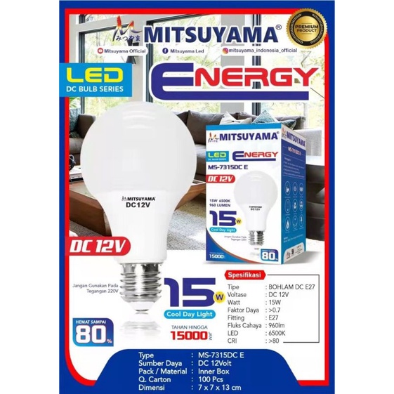 Bohlam Lampu LED DC 12V E27 Super Terang 15W 18W Mitsuyama Energy - 15 watt