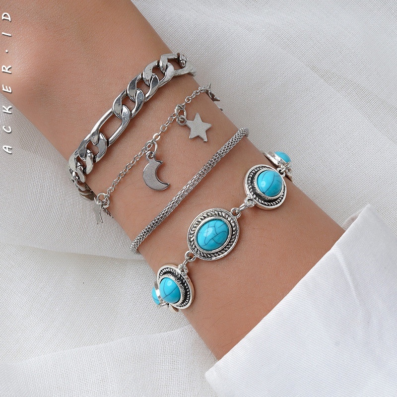 4pcs / Set Gelang Rantai Multilayer Desain Bulan Bintang Turquoise Untuk Wanita