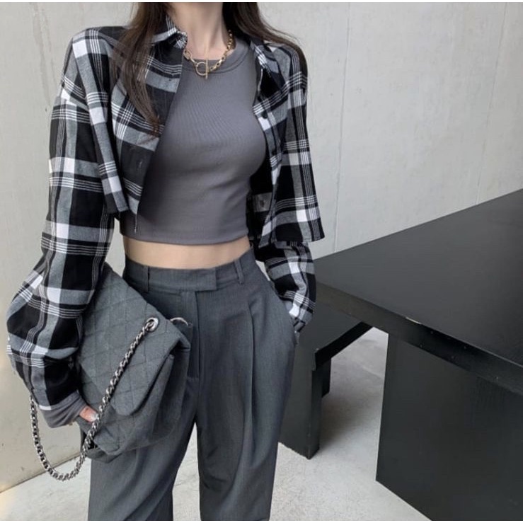 Tq88indonesia Kemeja Crop Wanita Terbaru / Kem JENNIE PLAID CROP / Kemeja Kotak Wanita Terbaru / Outfit Wanita Kekinian / Ootd / Kem Crop