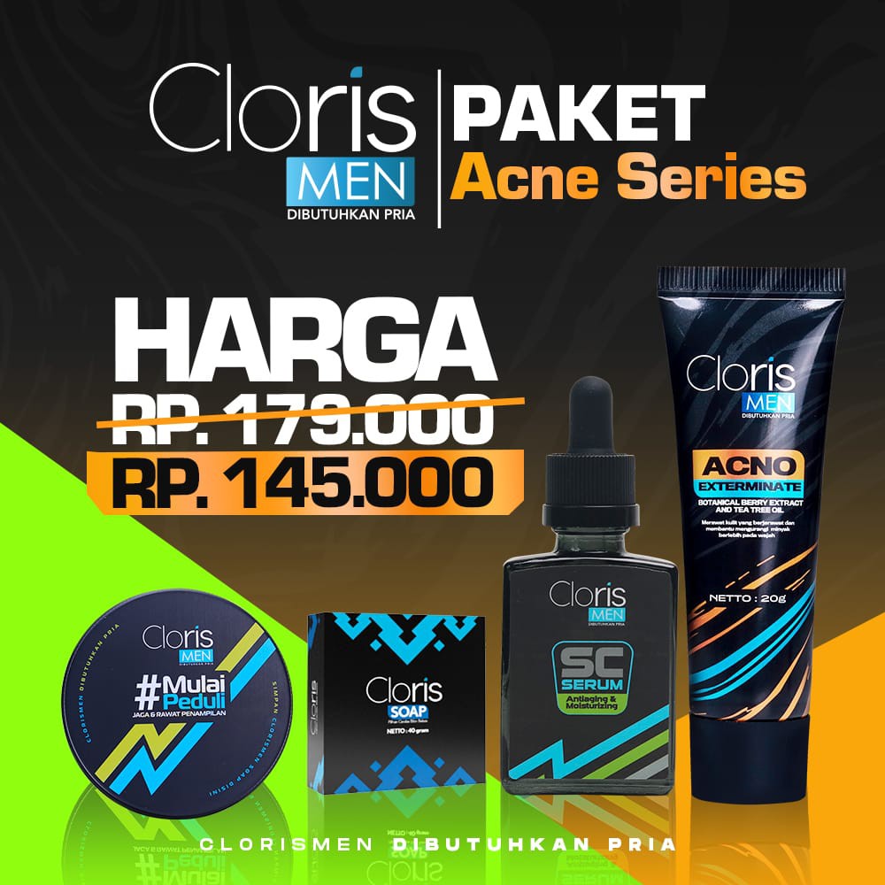 CLORISMEN SKINCARE PRIA memutihkan wajah kusam dan menyembuhkan jerawat bopeng flek hitam komedo MENCERAHKAN MENGHILANGKAN KERUTAN PORI BESAR KOMEDO  BOPENG  SPOT  MENUTRISI KULIT-paket acno series