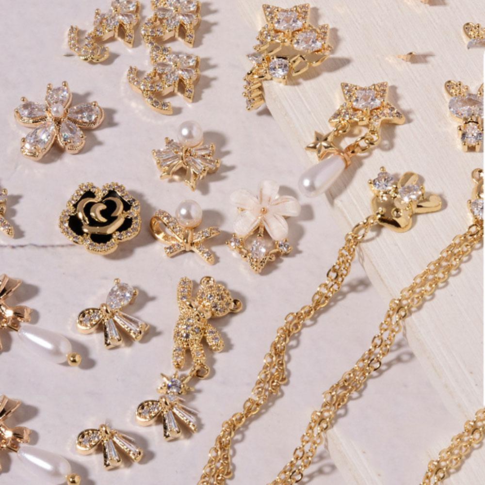 Rebuy Butterfly Nail Rhinestones Charms 1 Pcs Mutiara Bunga Nail Art Perhiasan Rantai Liontin Manicure Aksesoris