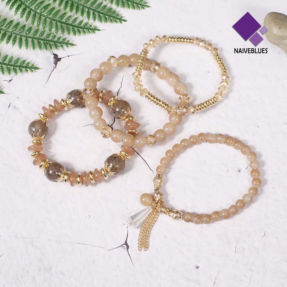 Naiveblue 4Pcs / Set Gelang Tangan Rantai Manik Batu Agate Imitasi Gaya Boho Untuk Wanita