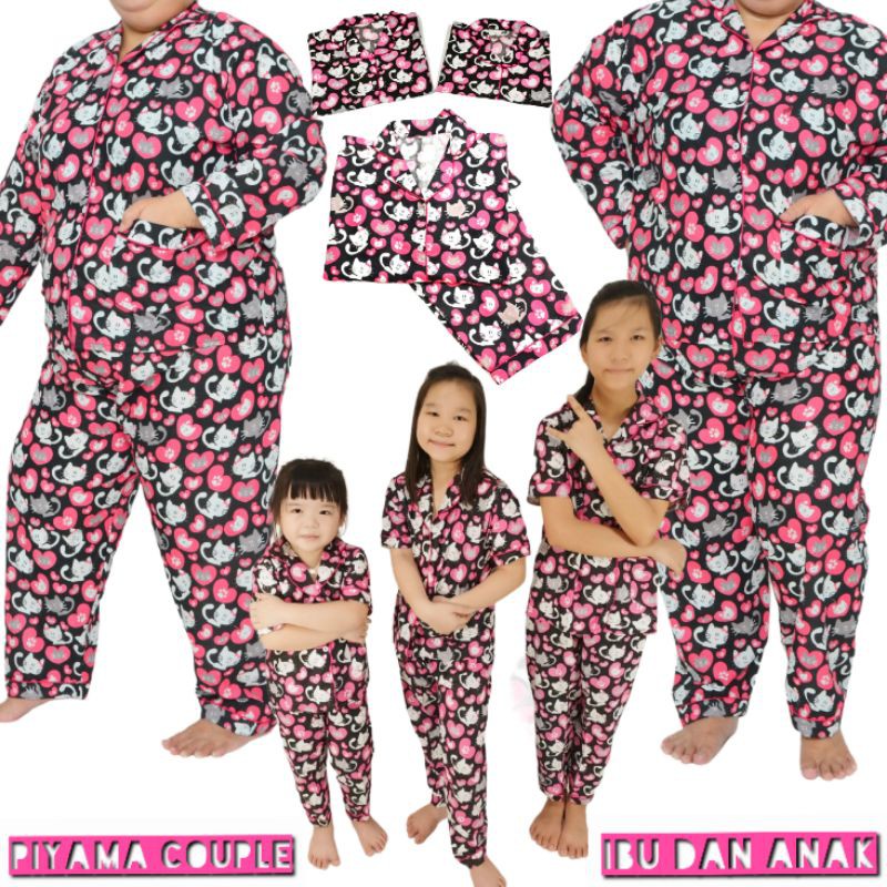 Baju tidur anak perempuan setelan celana panjang set couple keluarga piyama lengan pendek wanita