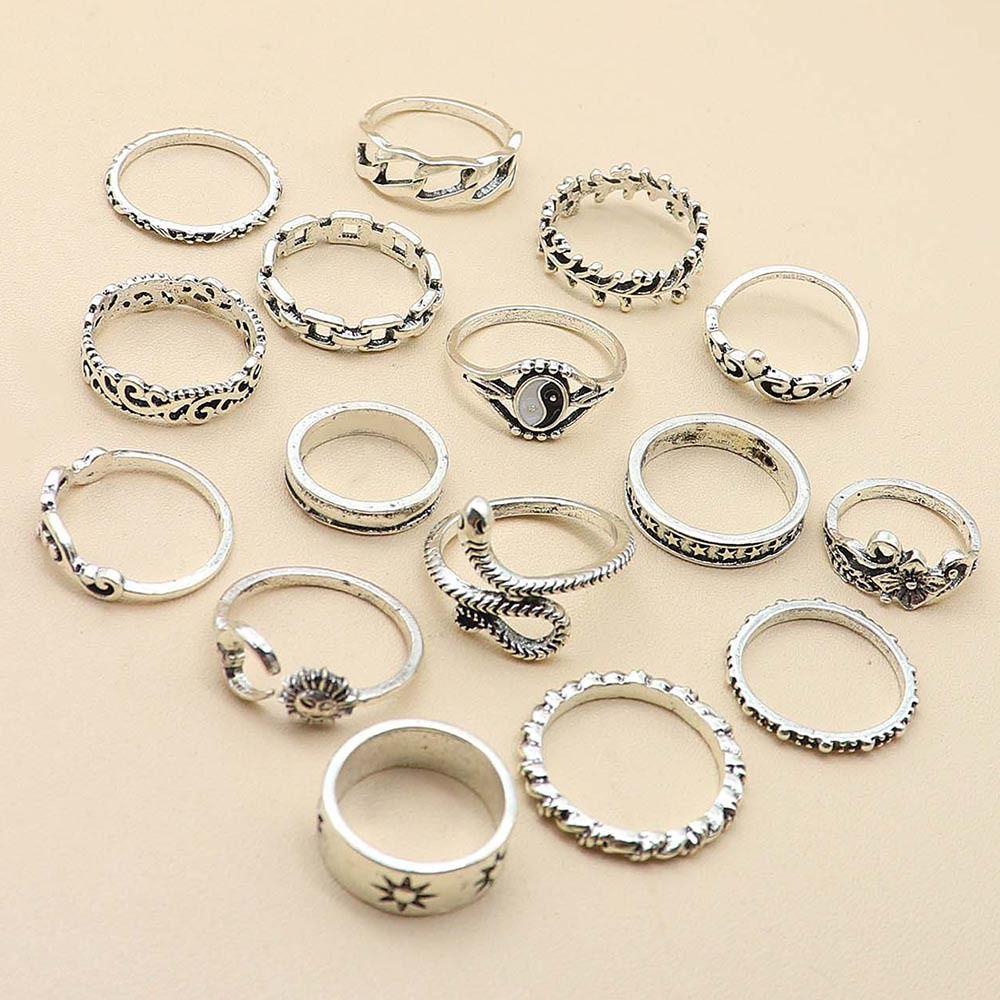 Solighter 16Pcs/Set Cincin Set Jari Perhiasan Fashion Rock Punk Gothic Vintage Aksesoris Tangan