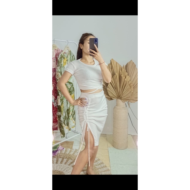 One set cassandra bahan rib satu stel atasan dan rok