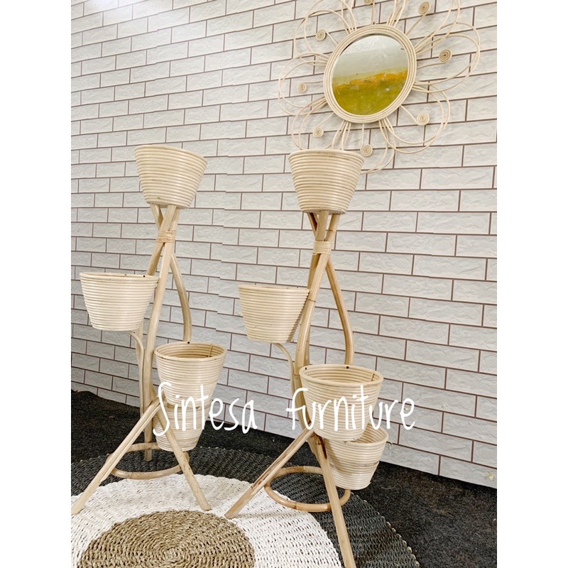 [PROMO] standing pot susun 4 zig zag rotan alami Aesthetic vintage murah lucu/pot ulir rotan alami