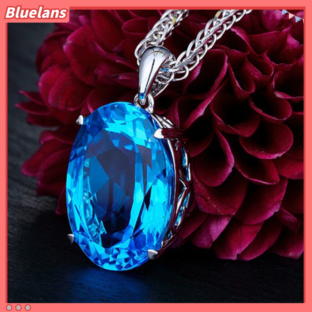 Kalung Rantai Liontin Berlian Imitasi Biru Besar Gaya Simple Elegan Untuk Wanita