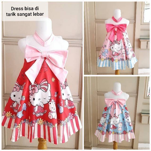 81098 HELLO KITTY RIBBON RED PINK BLUE / DRESS HELLOKITTY ANAK /GAUN PESTA ULANG TAHUN IMPORT KOREA