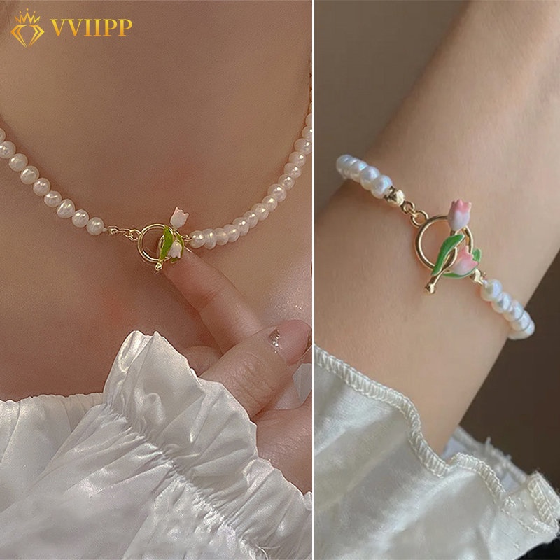 Elegant Pearl Beads Necklace Bracelet Sweet Pink Tulip Choker for Women Jewelry Accessories