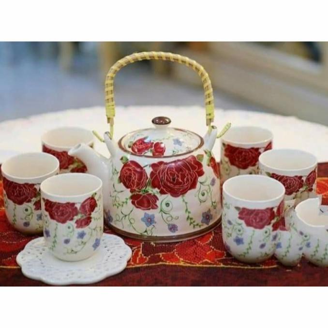 TEA SET KERAMIK JEPANG CAPODIMONTE MOTIF BUNGA ROSE - ABG6
