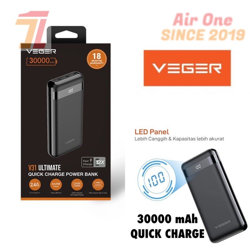 AirOne Powerbank VEGER V31 ULTIMATE 30000mah LED display QUICK CHARGE ORIGINAL garansi resmi 18bulan