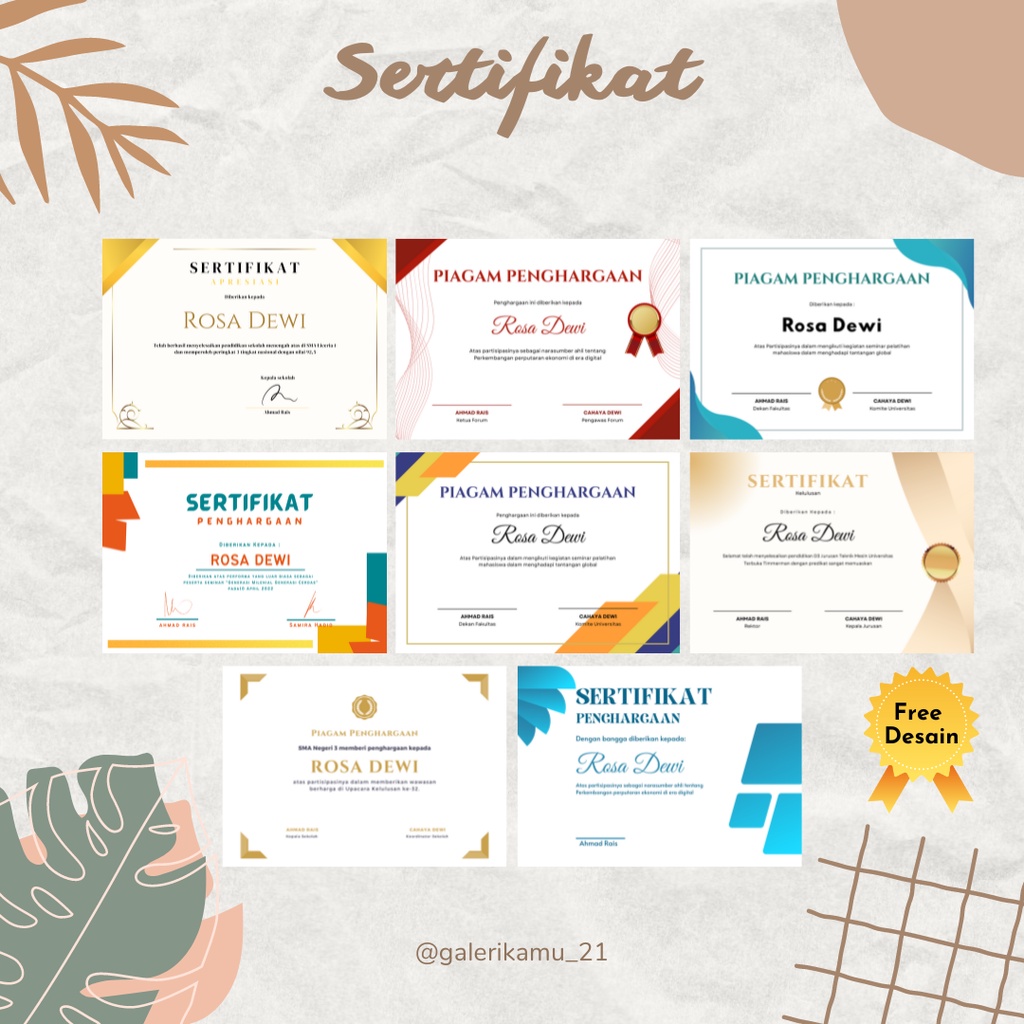 

SERTIFIKAT / PIAGAM PENGHARGAAN UKURAN A4 MURAH