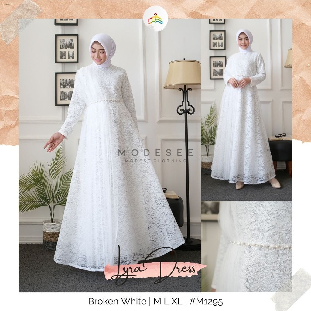 Modesee Gamis Putih Polos Brukat Payet Wanita Muslim Lyra M1295, Gamis Putih M L XL