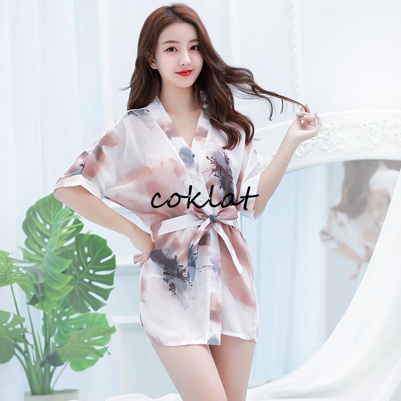 kimono WanitaSet Lingerie Sexy G String Baju tidur Bahan sifon dicetak A187-2