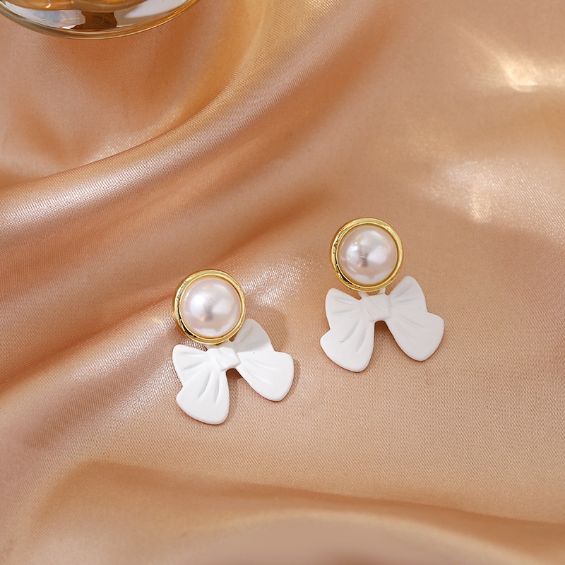 Sterling silver jarum Korea busur Putih anting-anting elegan internet pengaruh gaya Dingin Tinggi se