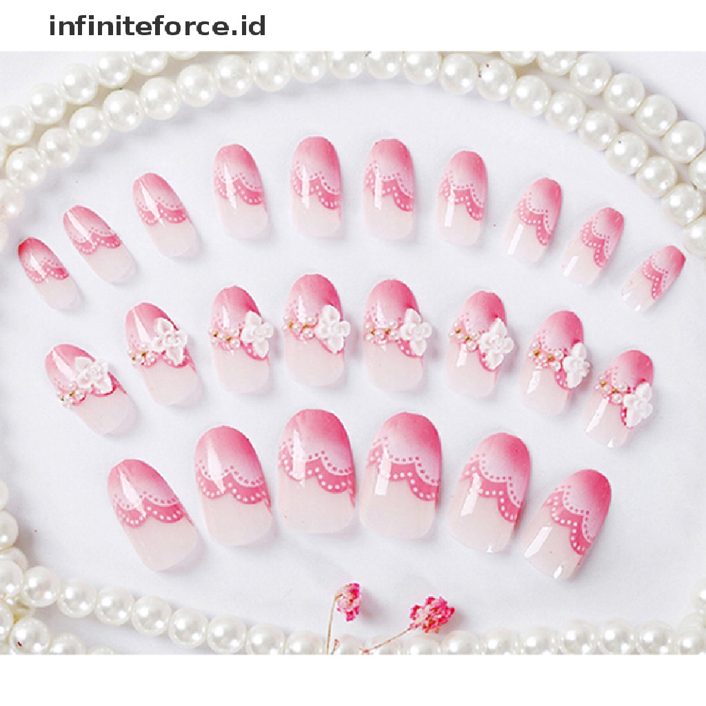 (Infiniteforce.Id) 24pcs / set Kuku Palsu 3d Hias Berlian Imitasi Warna Pink Untuk Pengantin Wanita