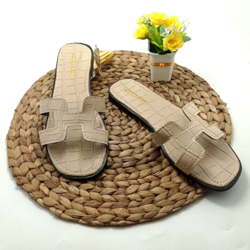 mqstars- Sandal Flat Wanita Croco Terbaru/Sendal Selop Teplek Slip on