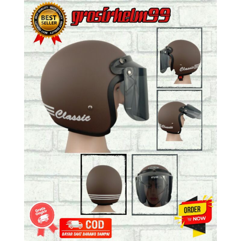 Helm bogo classic  helm retro  bogo clasic coklat dop kaca injak FREE MASKER