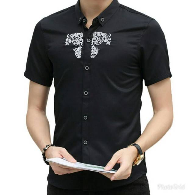 VIRGO Black BORDIR  Kemeja  Pria  Lengan Pendek Motif  BORDIR  