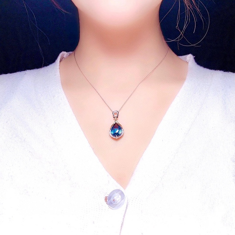 Fancyqube Kalung Choker Silver 925 Hias Liontin Batu Air Mata Mermaid Misterius Biru Kerajaan Untuk Wanita