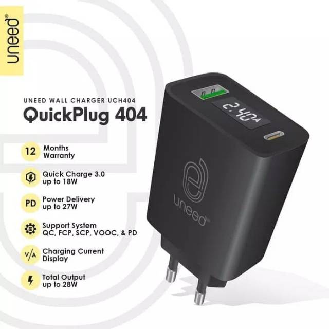 UNEED QuickPlug Smart Charger QC 3.0 & PD with LED Display - UCH404